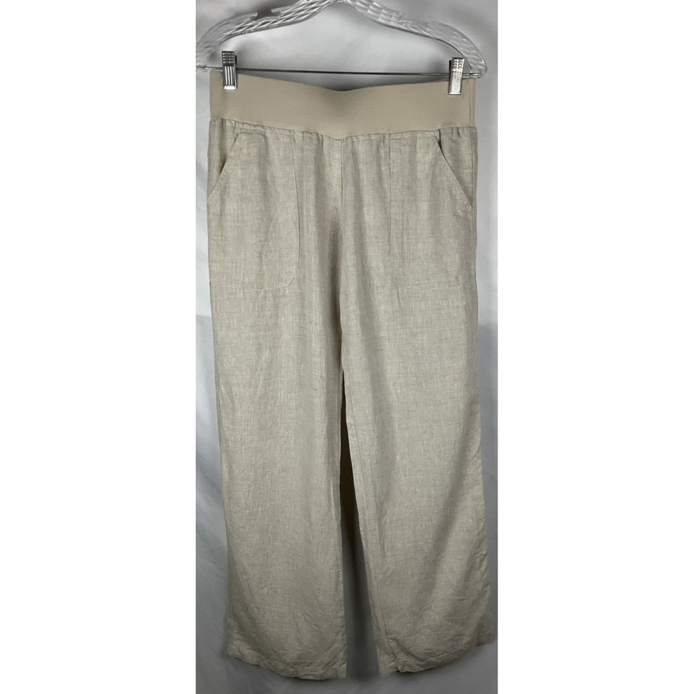Allen Allen Women's Small Oatmeal Linen Wide Leg Pants Stretch Waist Pockets